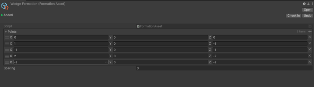  The Unity Inspector window showing a "Wedge Formation" asset, which is a FormationAsset ScriptableObject. The "Points" array is expanded, showing five Vector3 elements that define the V-shape of the formation. A "Spacing" multiplier is set to 3.