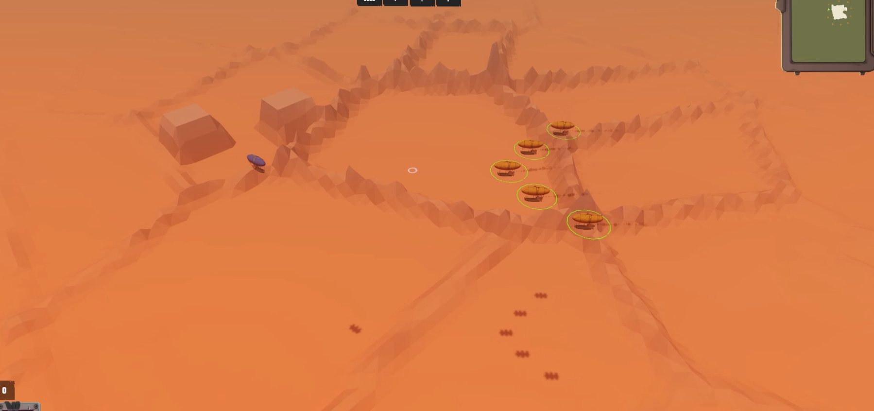 A screenshot from the game "Antara: Reclaim the Wastes," showing a fleet of five stylized, low-poly airships flying in a diagonal line formation over a vast, orange, canyon-like desert. In the background, there are a few simple, angular buildings next to a lone purple airship. The user interface, including a minimap, is visible in the corners.